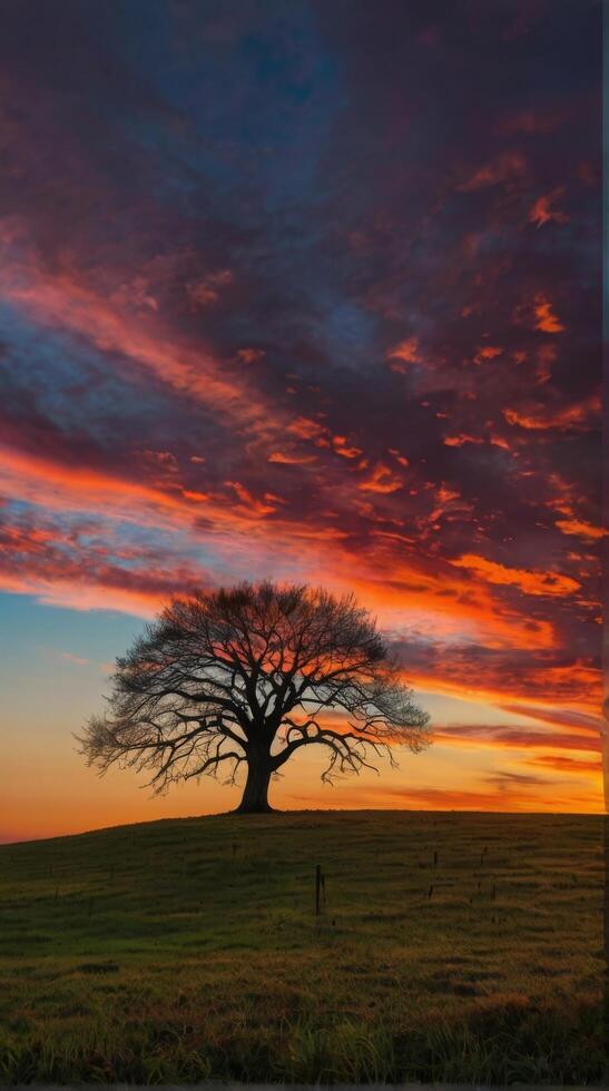 A lone tree stands on a hill at sunset photo