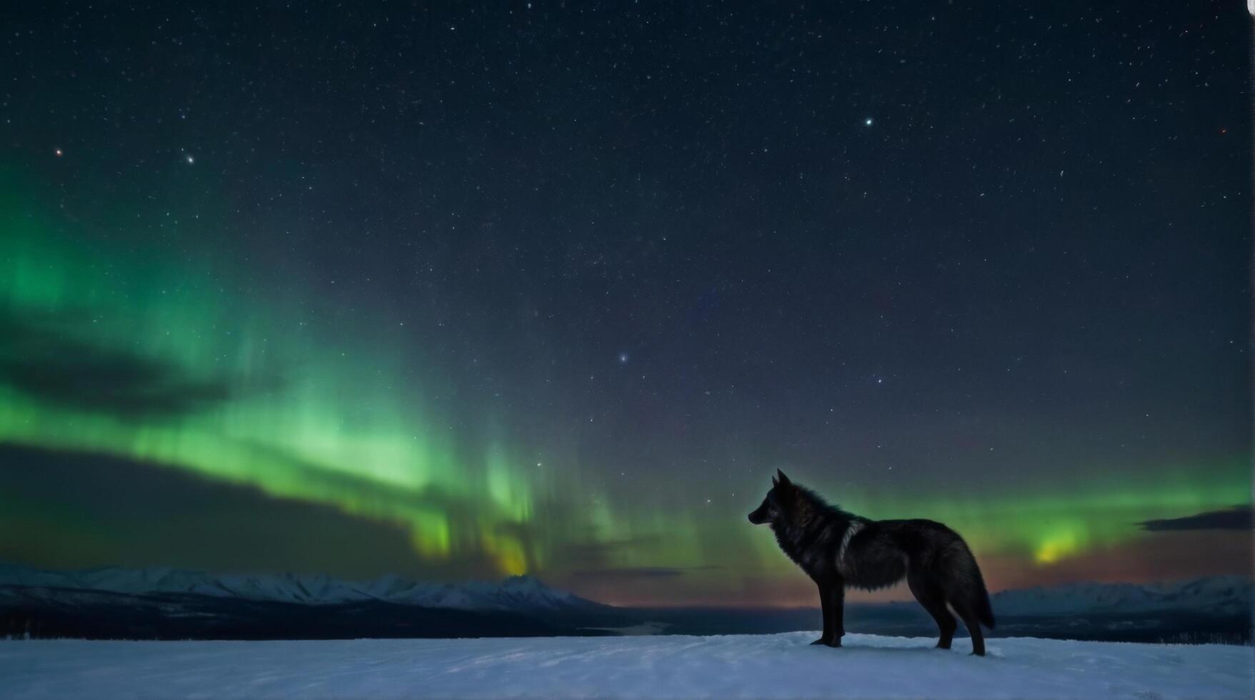 A dog standing in front of a green aurora bore photo