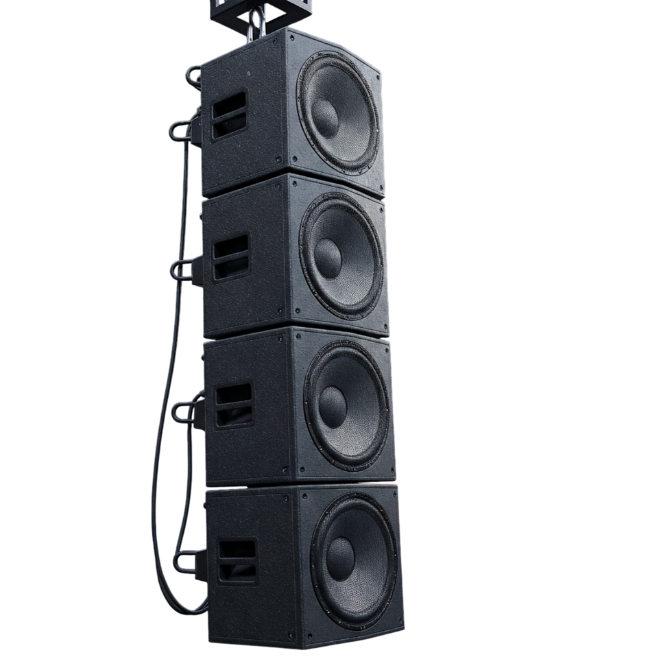 Array of black loudspeakers stacked vertically for sound reinforcement png
