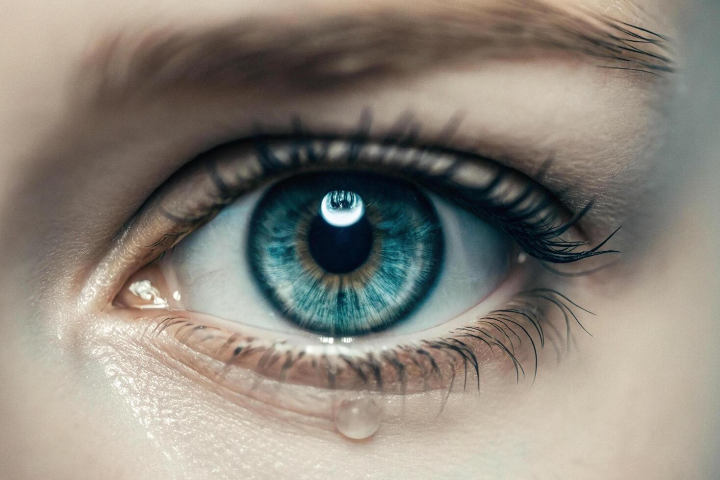 Sad Eyes and Aesthetic Tear Expression of Person Reflecting Sad Life and Love in Abstract Background photo