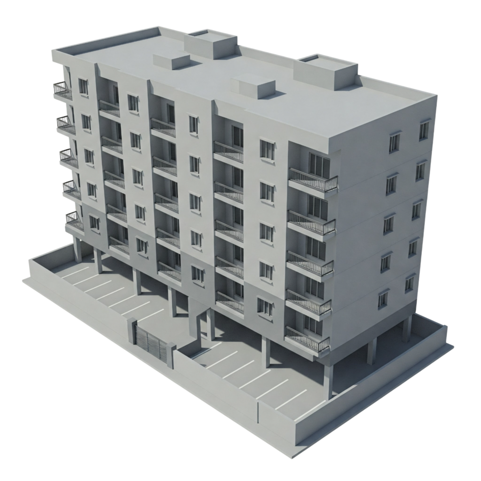 Modern Architectural Render of a High-Rise Apartment Building png