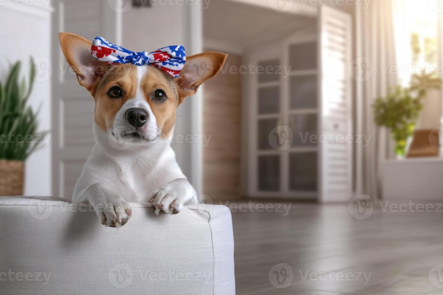A small dog with a playful expression is resting its front paws on a soft cushion inside a modern living room filled with natural light photo