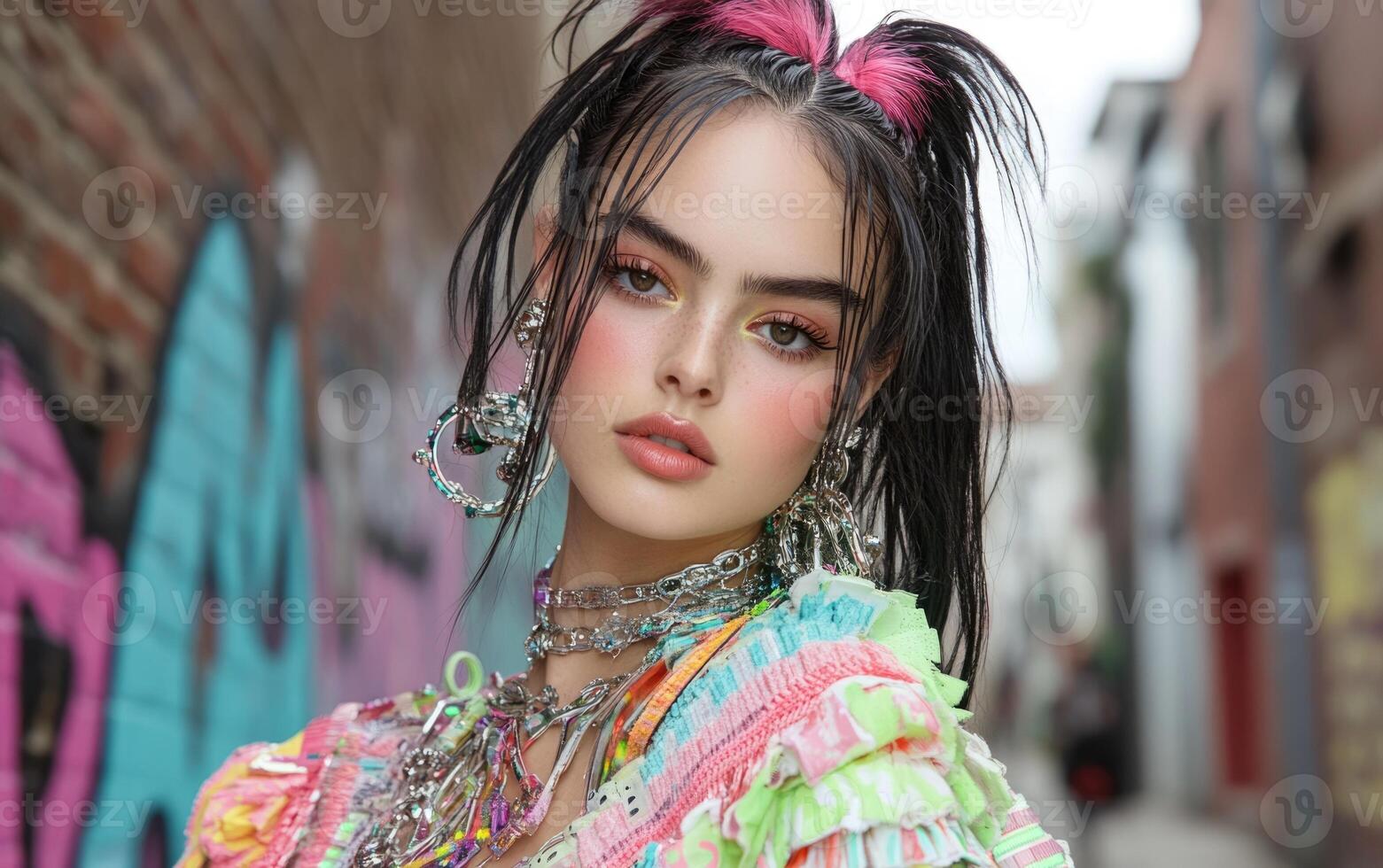 A young woman stands confidently in an urban alley, showcasing her bold hairstyle with bright pink highlights. She wears a colorful outfit and accessories that reflect an eclectic style photo