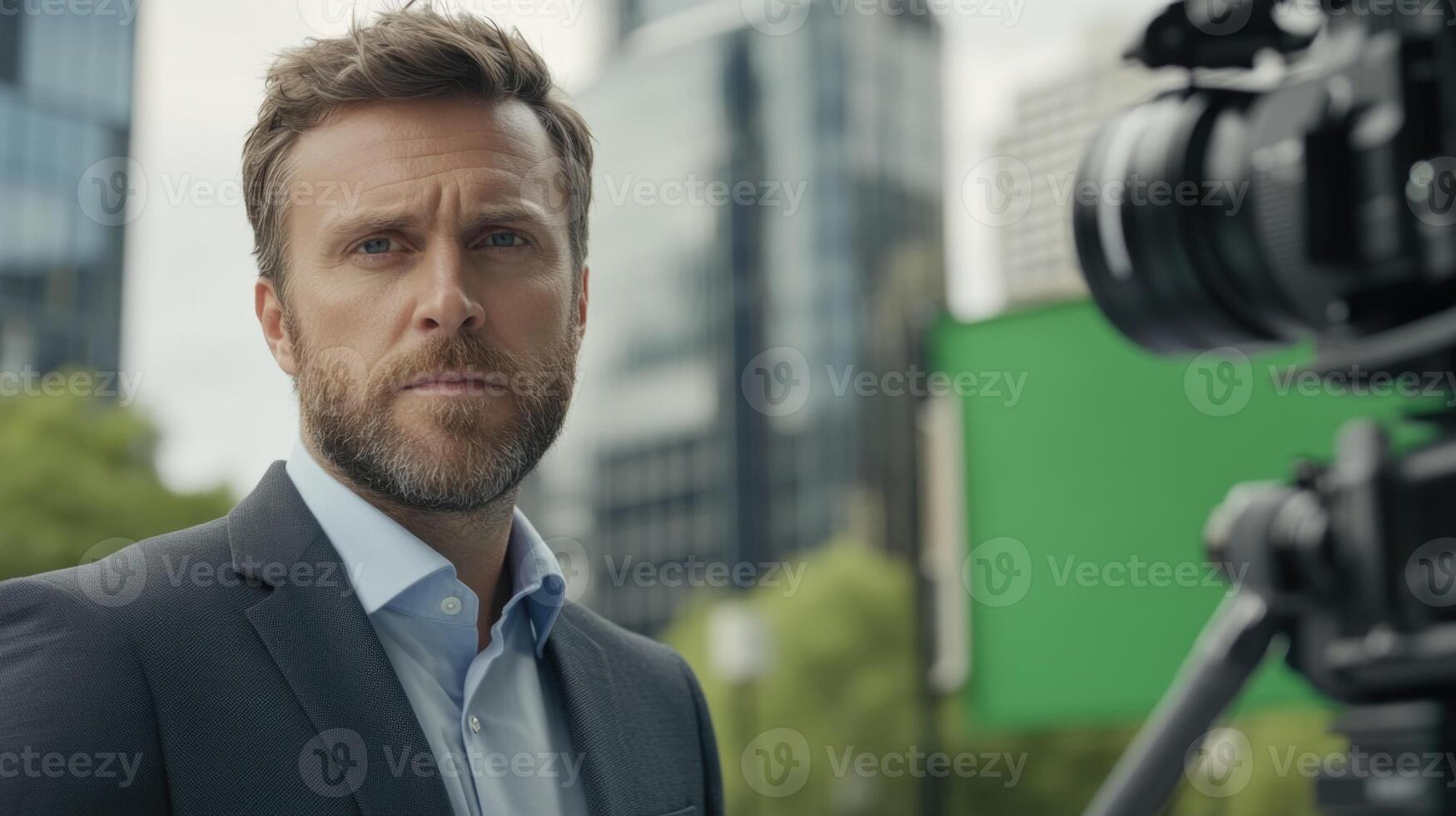 A man in a suit and tie is standing in front of a green screen photo