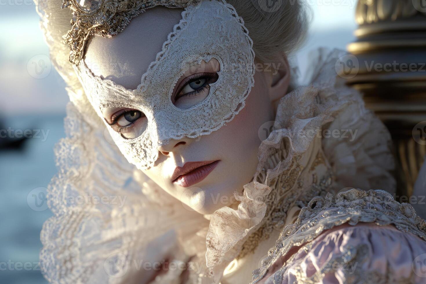 A person in an intricate lace mask and lavish historical attire gazes thoughtfully by the water as the sun sets, casting a warm glow on the scene and highlighting exquisite details photo