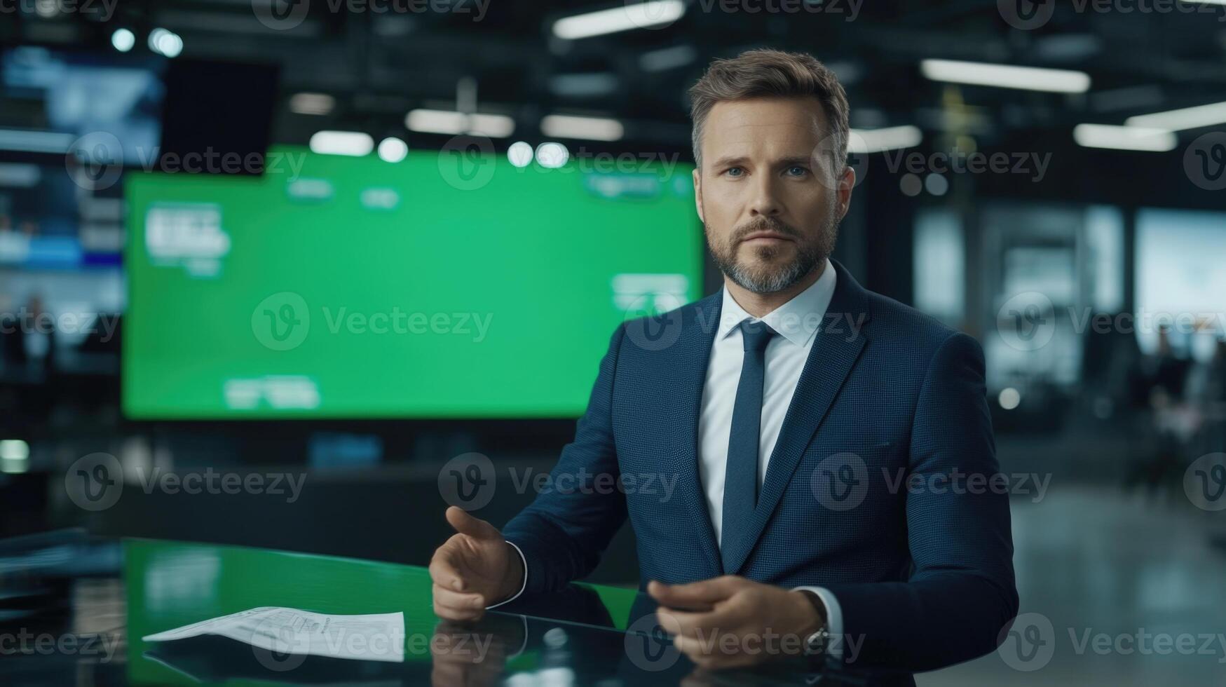 A man in a suit is sitting at a desk in front of a green screen photo