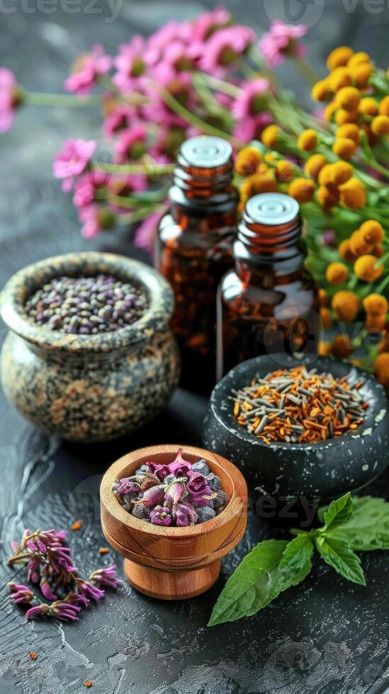 Herbal essential oils and flowers on a dark background photo