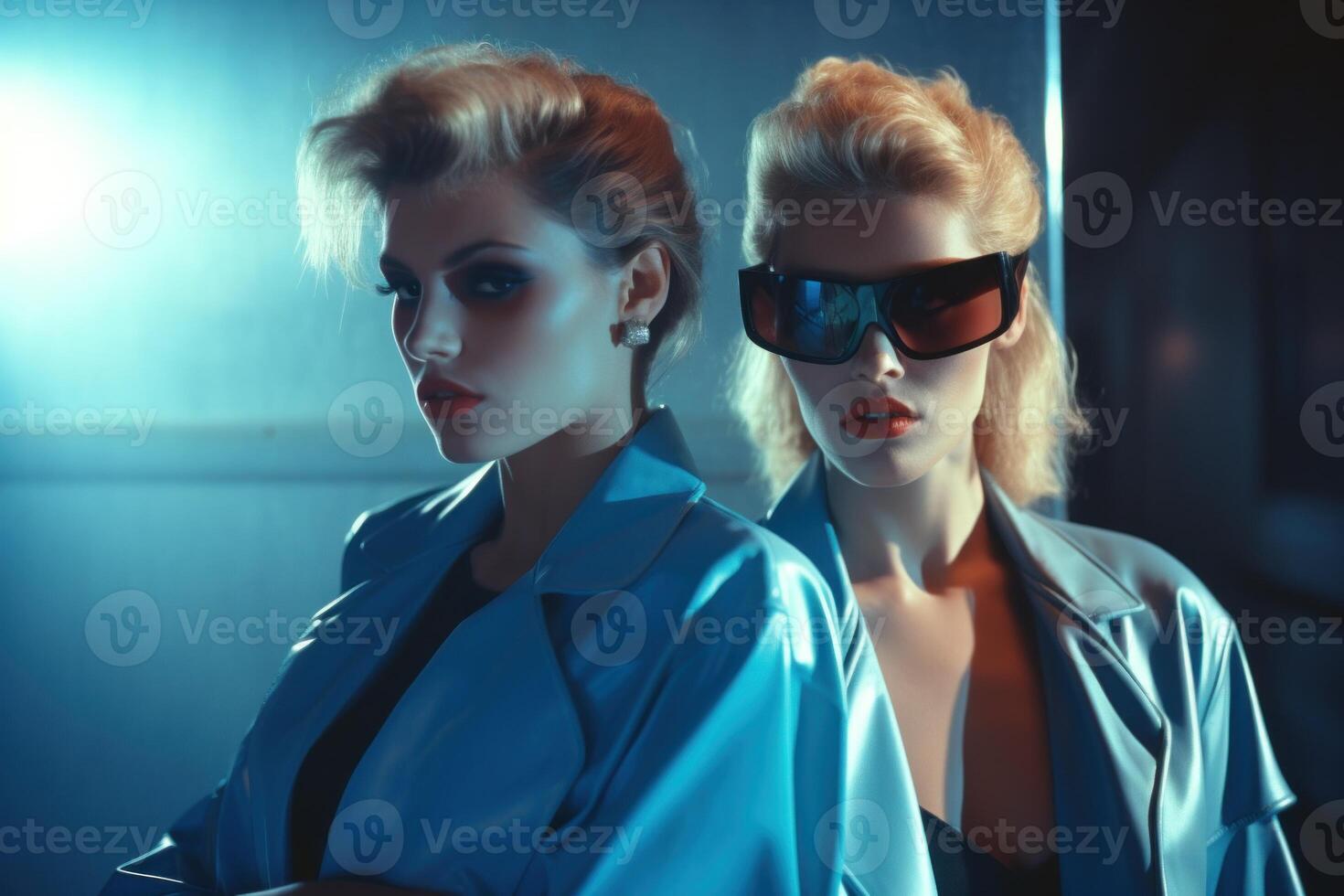 Two women in blue jackets and sunglasses photo