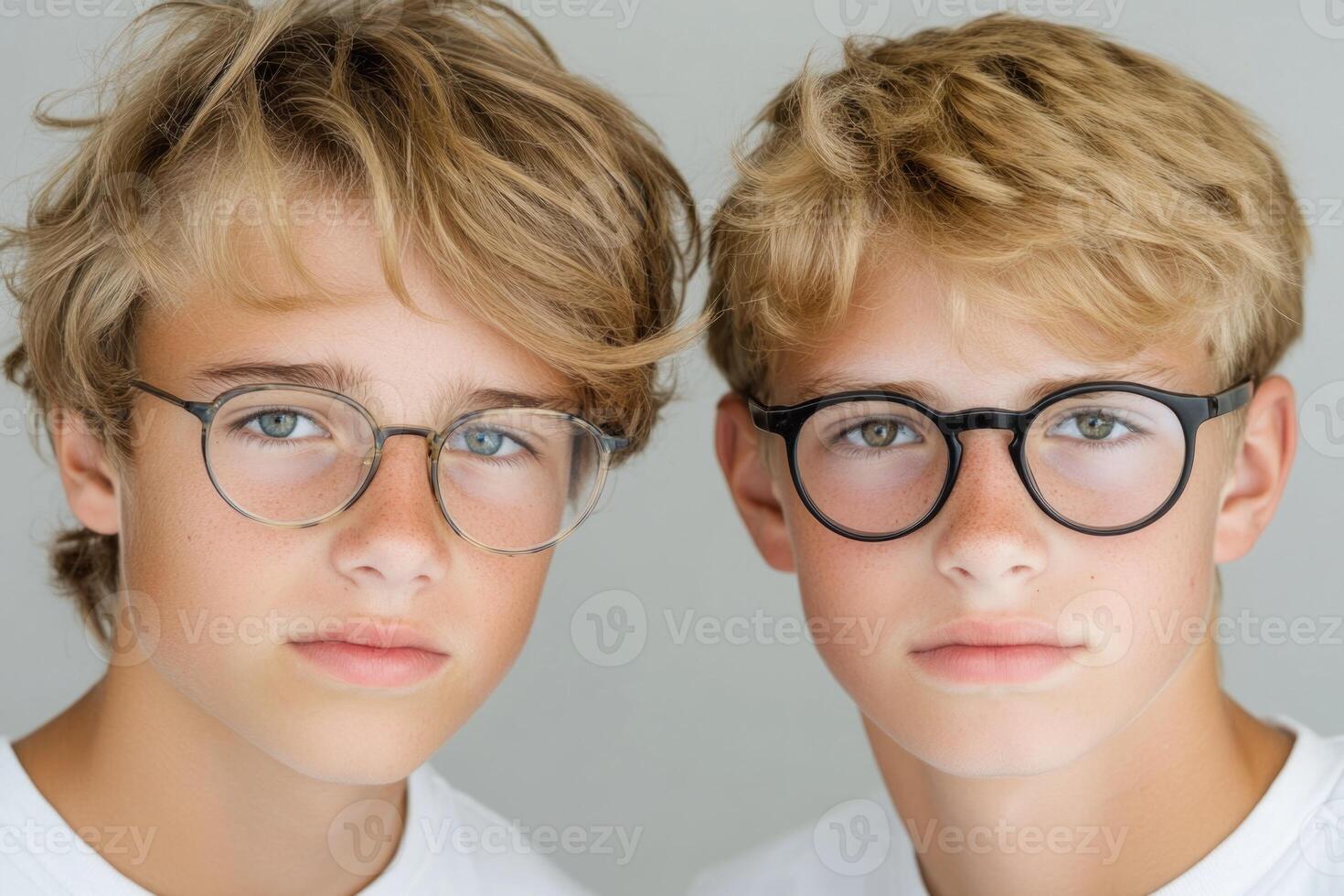 Two boys wearing glasses on a gray background photo