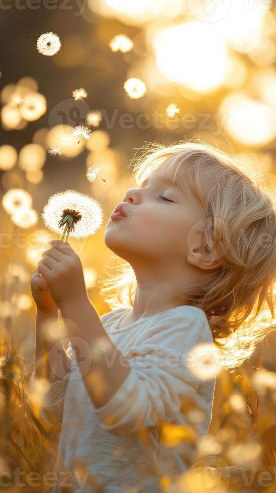 A young girl blowing on a dandelion photo