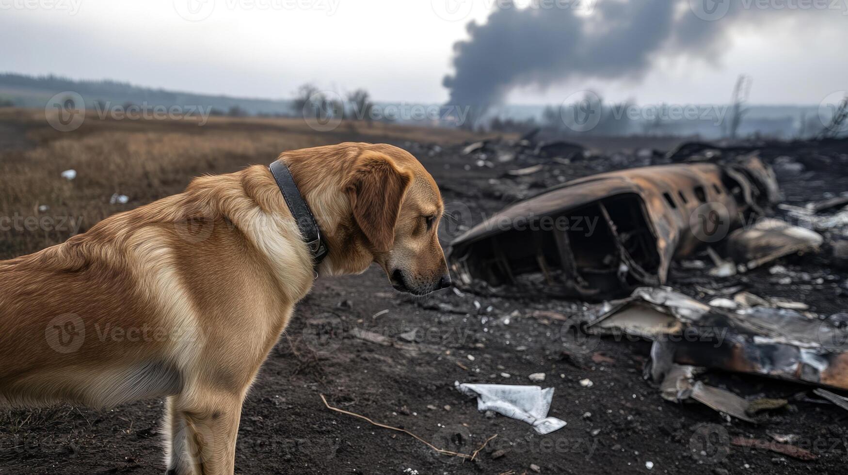 A dog stands in front of a destroyed airplane photo