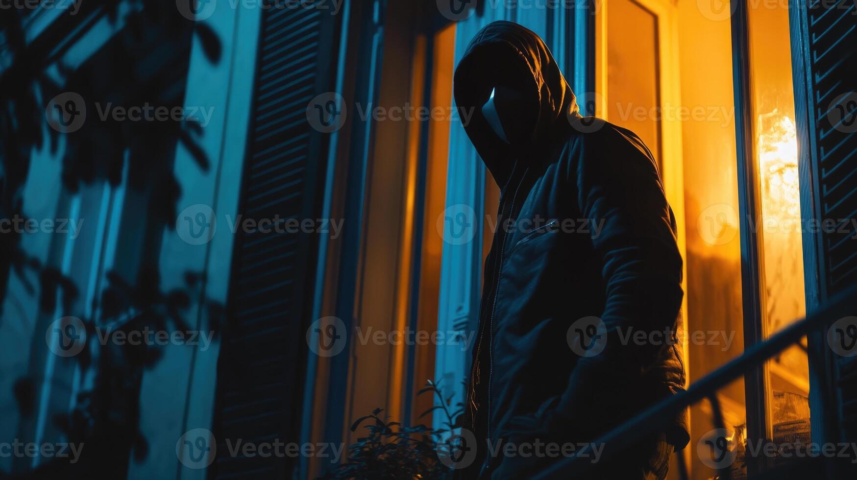 A man in a hoodie standing in front of a window at night photo