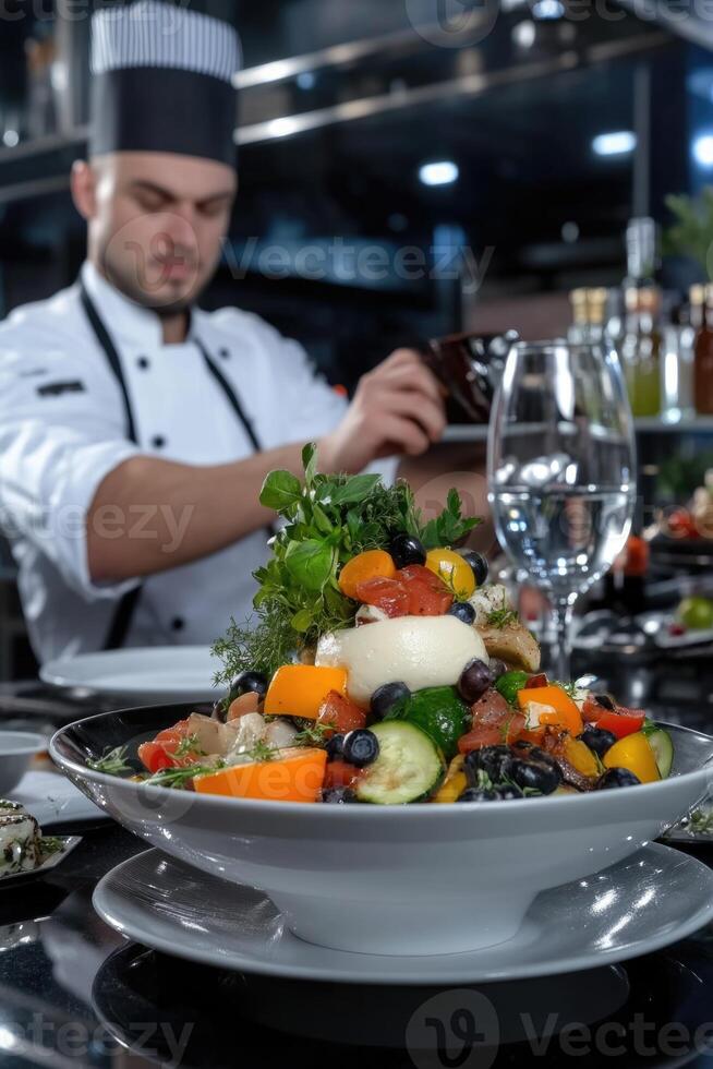 A skilled chef arranges a colorful plate filled with fresh vegetables, including bright peppers and greens, in a lively kitchen setting. Attention to detail highlights culinary artistry photo