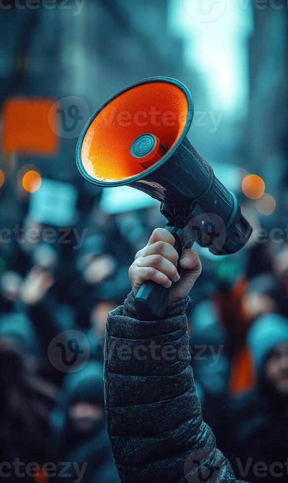 A person holding a megaphone in front of a crowd photo