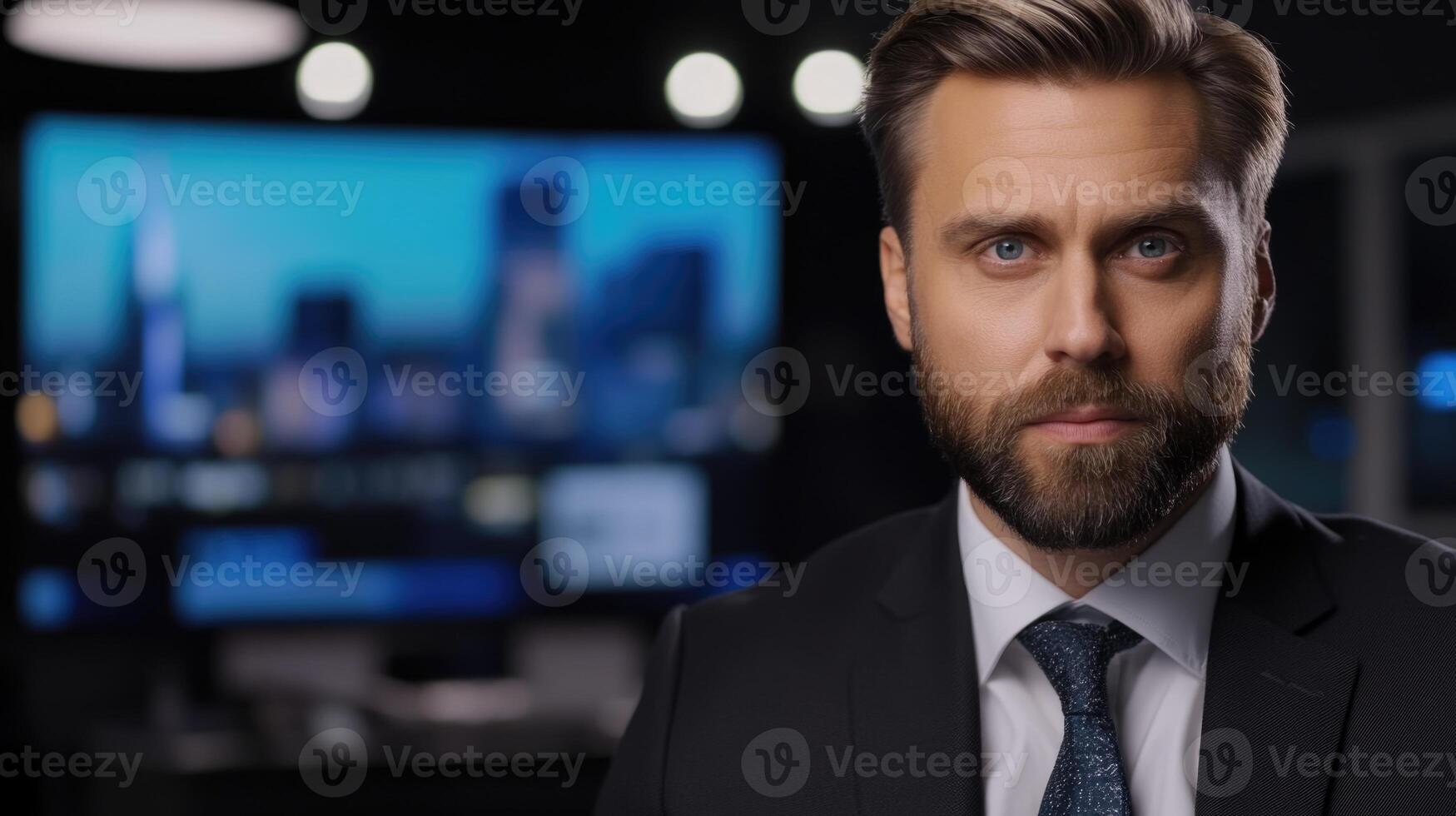 A man with a beard and suit in front of a tv photo