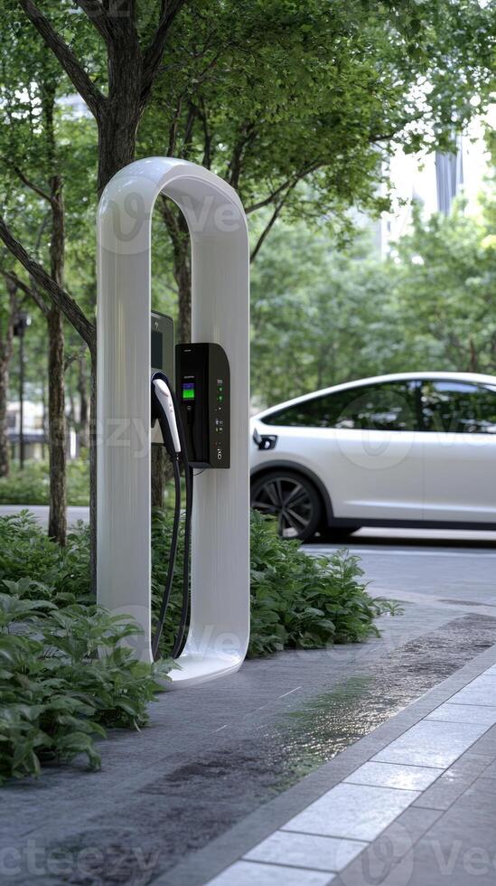 An electric vehicle charging station is placed elegantly in a landscaped area surrounded by vibrant greenery. A sleek car waits nearby, showcasing sustainable transportation in a city park photo