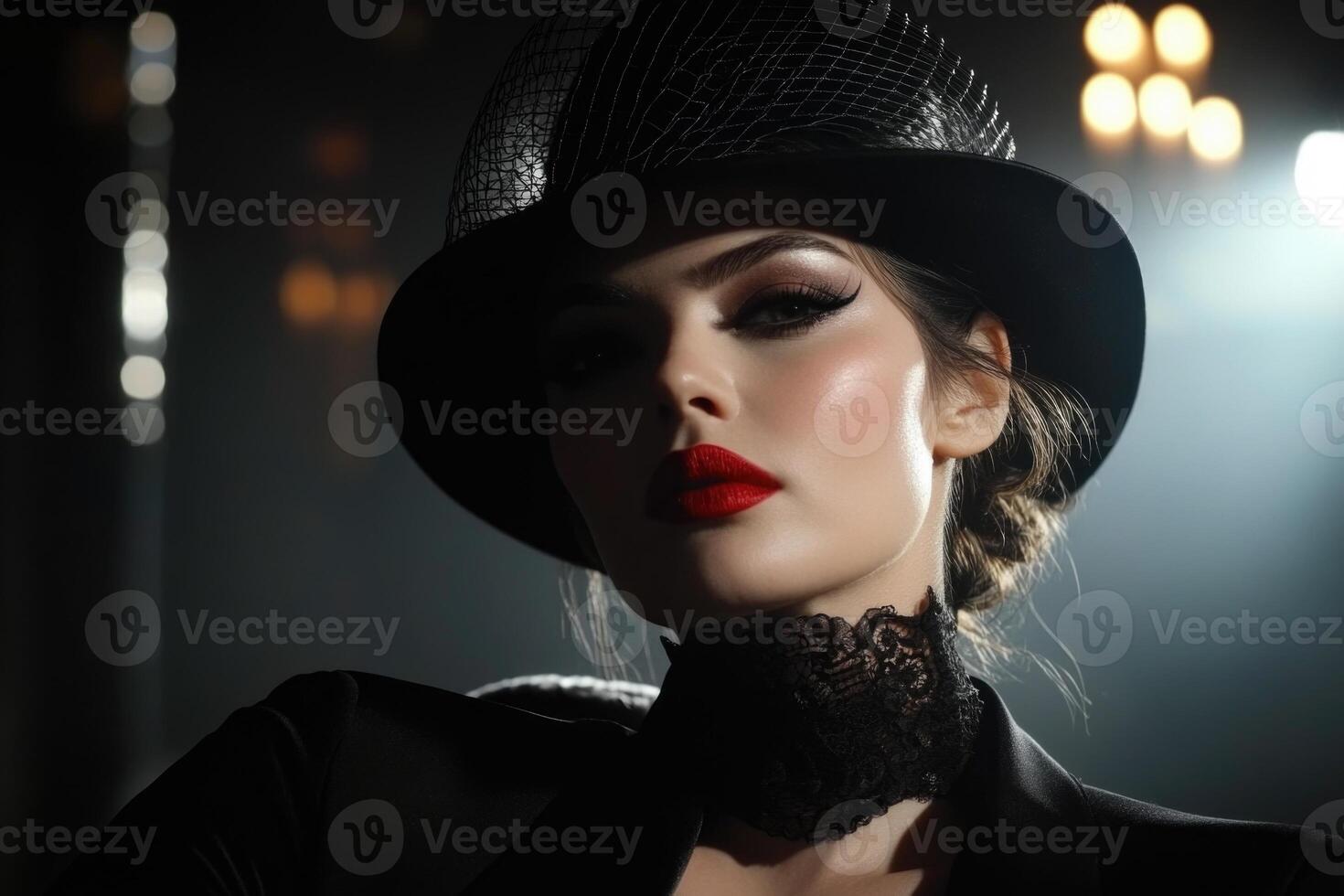 Beautiful woman in black hat and black dress with red lips photo