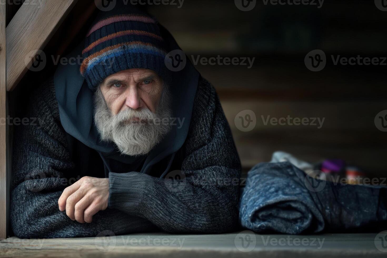 An old man with a beard and hat sitting on a wooden floor photo