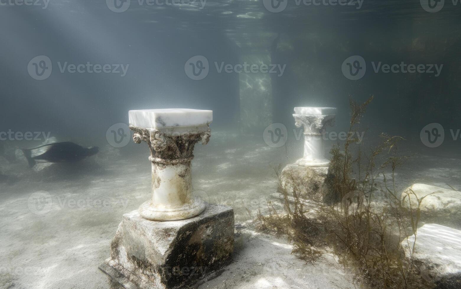 Columns adorned with intricate designs lie submerged in clear blue water, with fish swimming nearby. Aquatic plants gently sway around the ruins, creating a serene underwater landscape photo