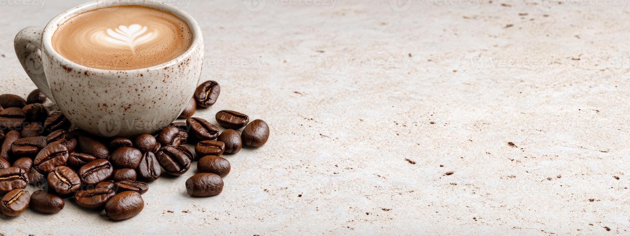 A cozy cup of coffee sits on a smooth surface, surrounded by scattered roasted coffee beans. The latte art resembles a delicate leaf design, showcasing barista skill and morning warmth photo