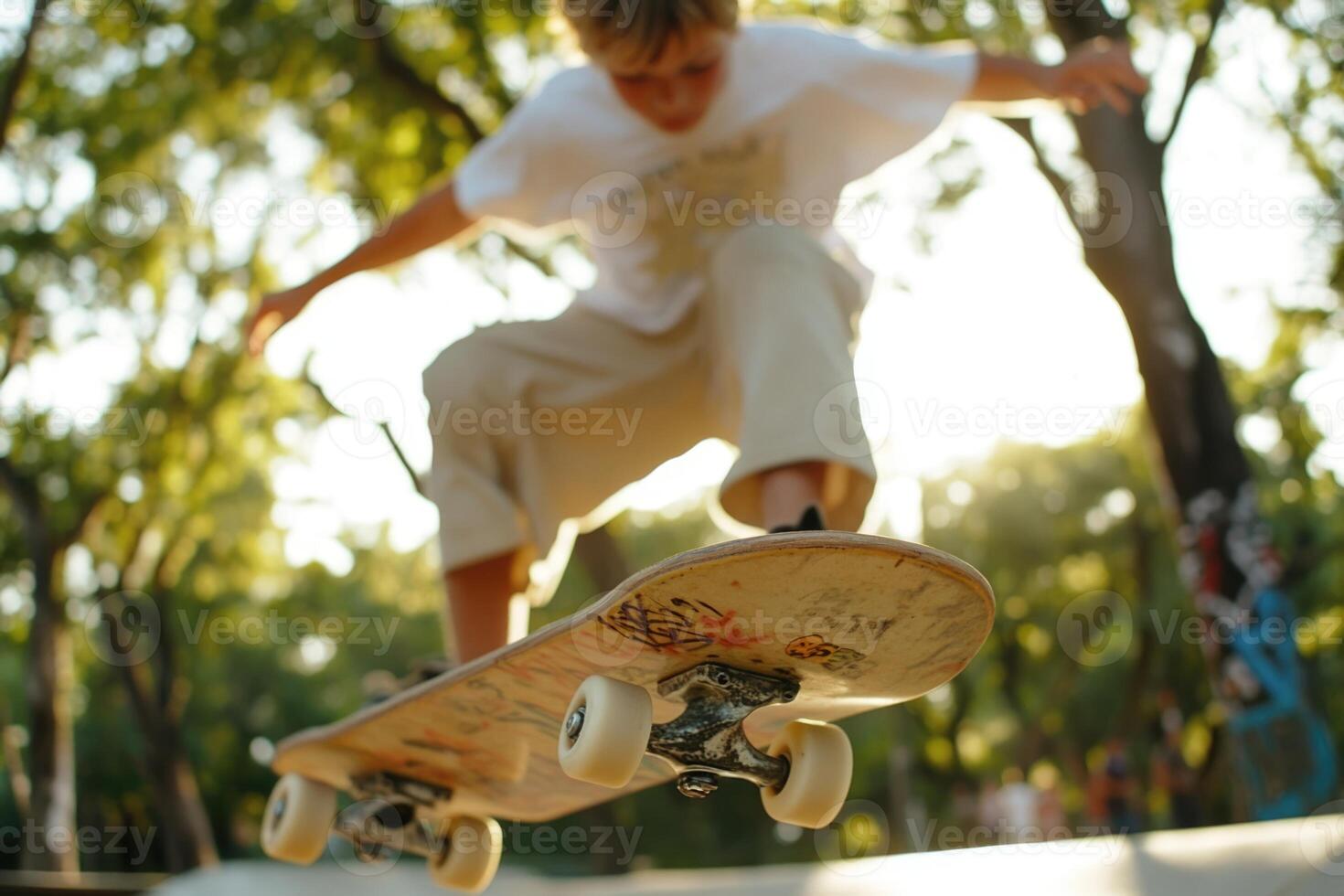 A young skateboarder executes an ollie over the edge of a skateboard ramp, surrounded by trees in a sunlit park. This activity showcases their skill and determination in skating photo