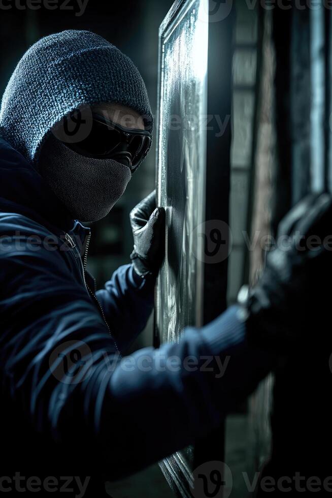 A burglar in a hoodie and gloves is looking at a door photo