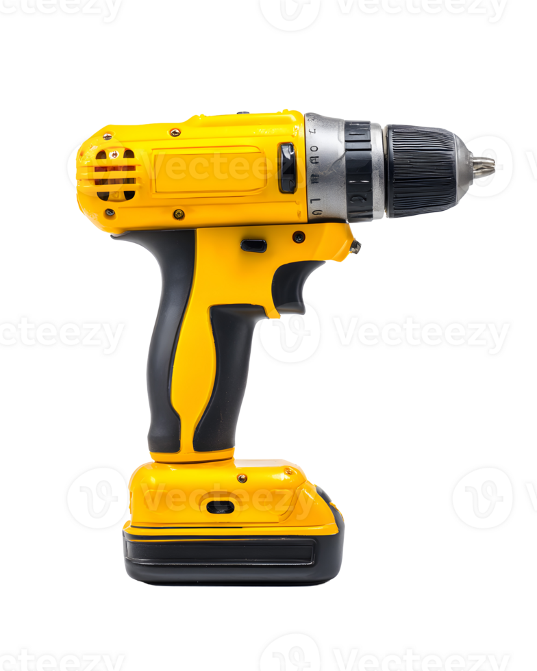Yellow cordless power drill on black showcasing professional tool design png