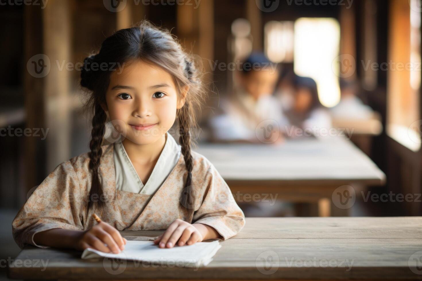 A little girl in traditional clothing is writing on a piece of paper photo
