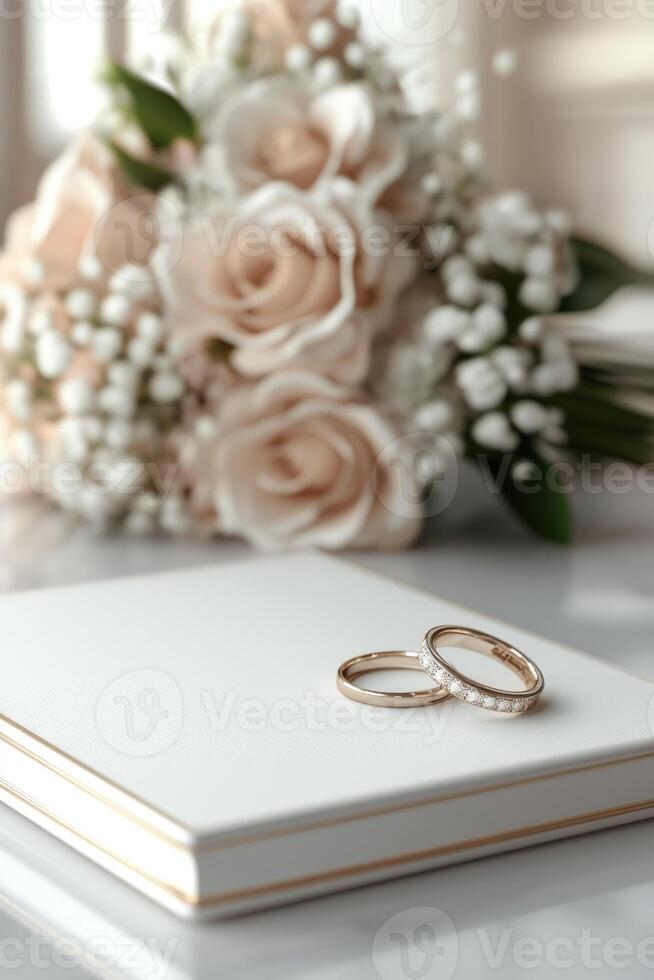 Two exquisite wedding rings lie on a clean white surface next to a delicate bouquet of soft pink roses and white flowers, creating a romantic atmosphere of a special occasion photo