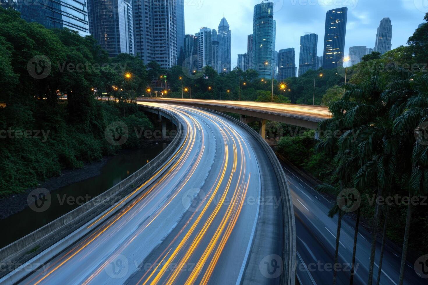 A highway with cars driving on it at dusk photo
