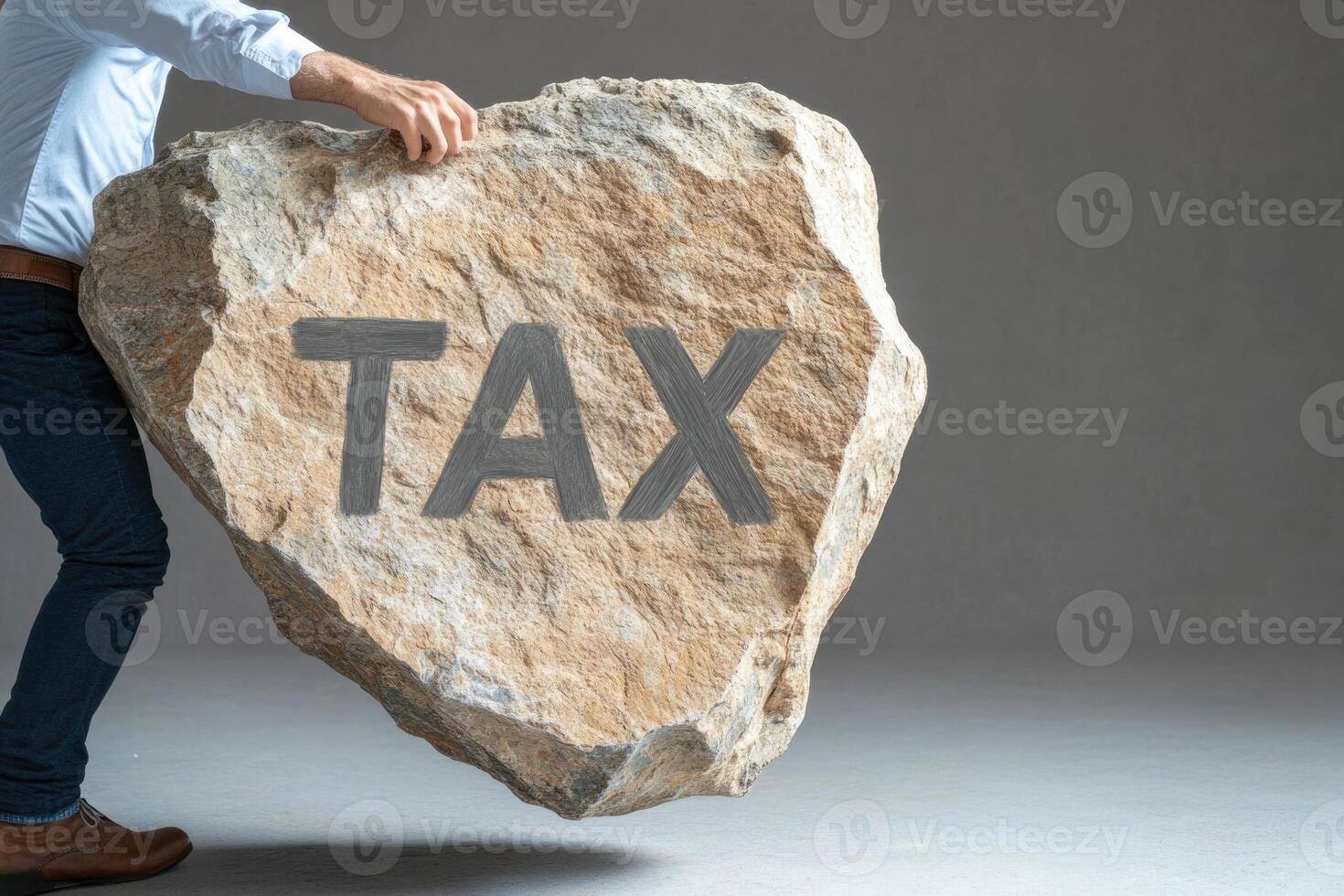Businessman holding a large rock with the word tax photo