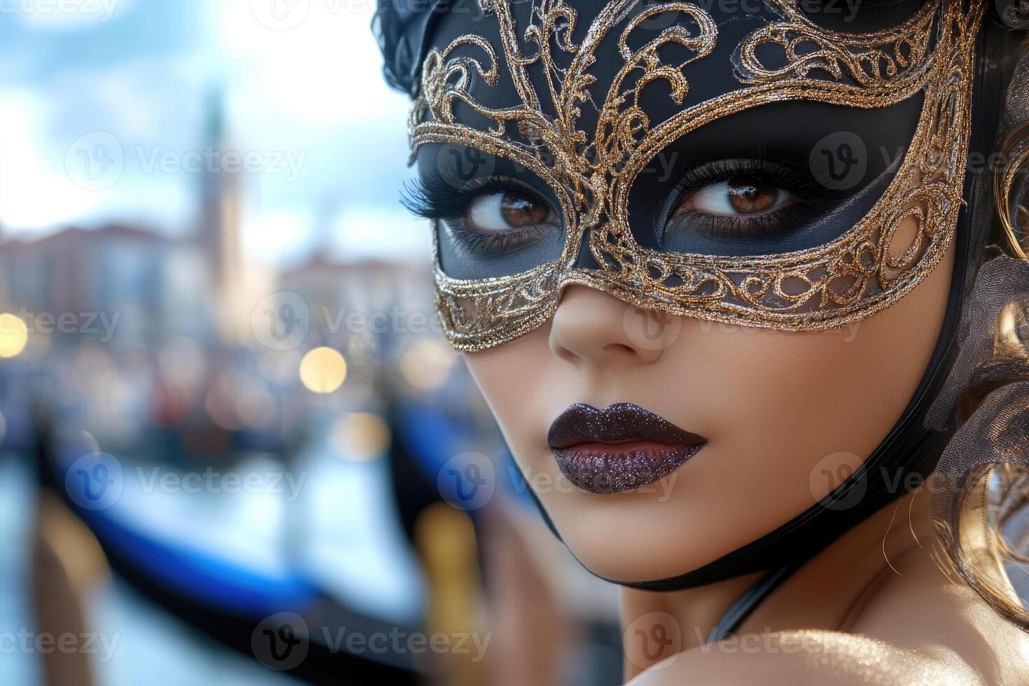 A woman wearing an intricate black and gold mask gazes pensively, her glittering eyes reflecting the vibrant life around her. The lively backdrop features a beautiful cityscape by the waterfront photo