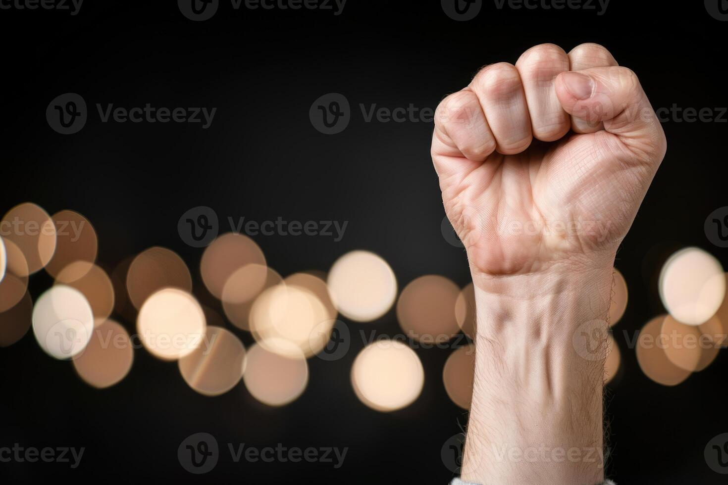 A fist raised up in the air with a blurred background photo