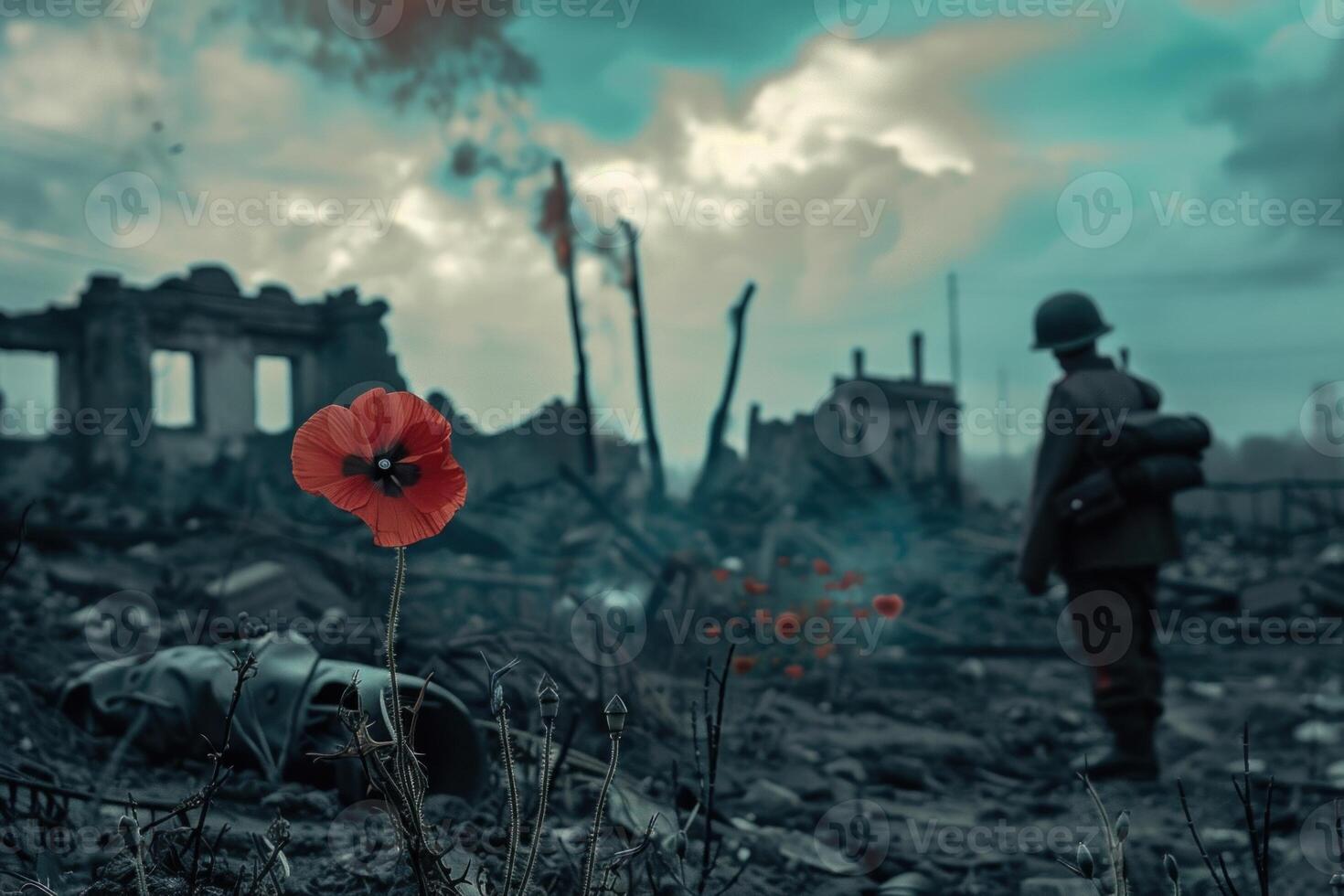 A soldier stands in front of a destroyed building photo