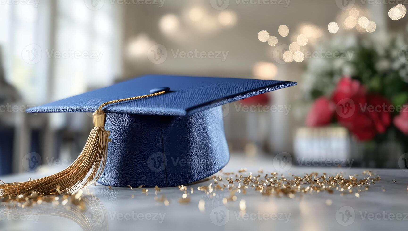 A graduation cap sits on a table with gold confetti photo