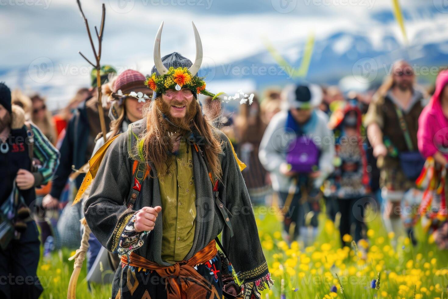 A man in a costume walks through a field of flowers photo