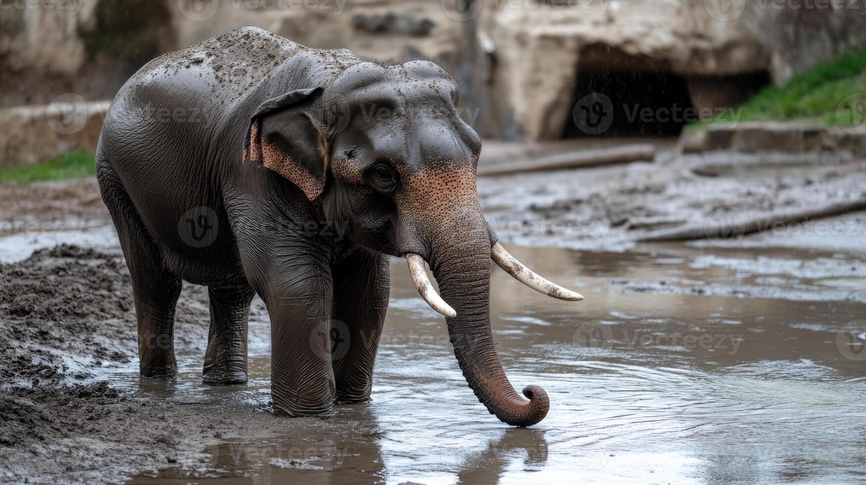 An elephant standing in a muddy area photo
