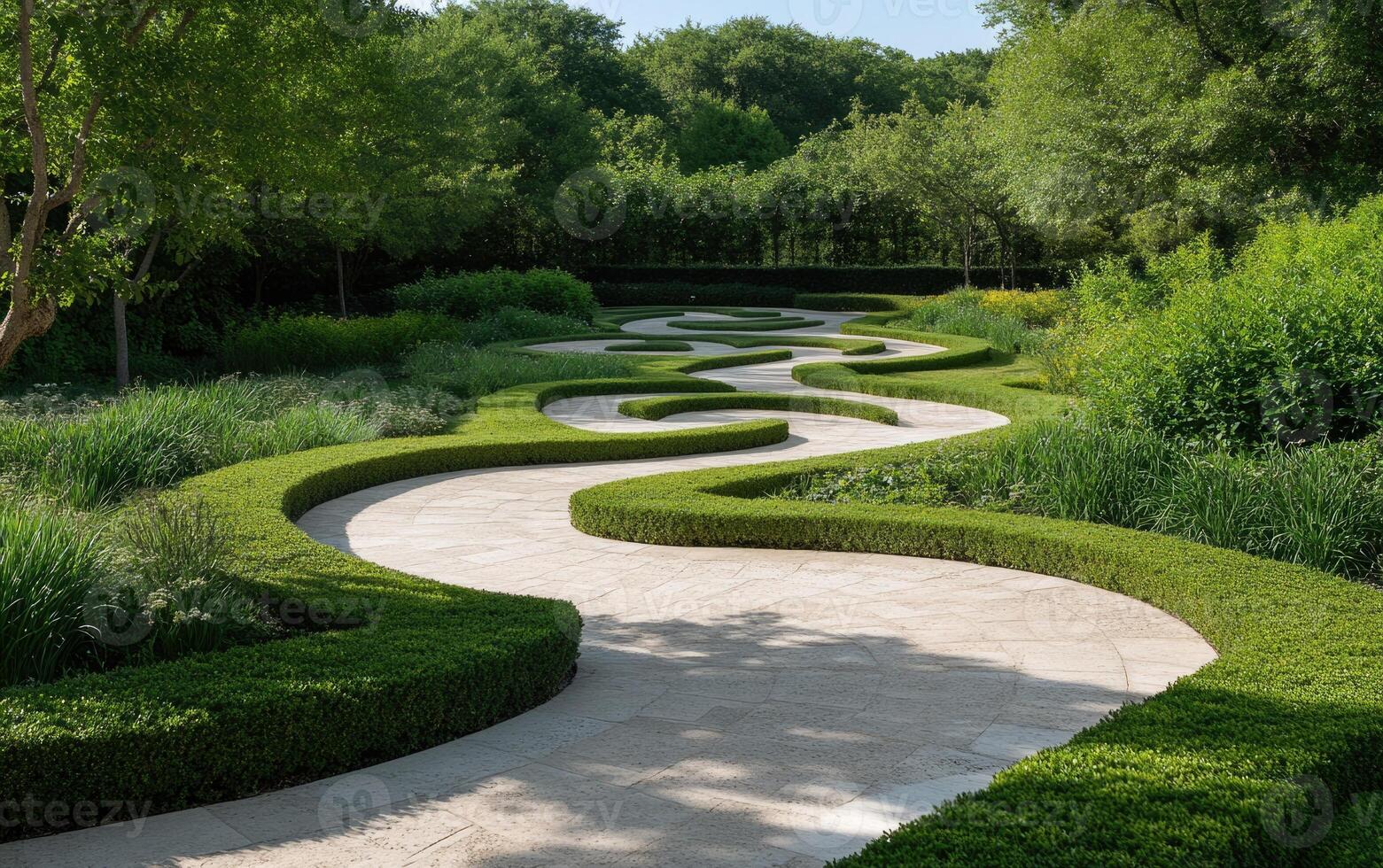 A winding pathway meanders through a beautifully landscaped garden filled with lush greenery. The serene atmosphere invites visitors to enjoy nature's tranquility on a sunny day photo