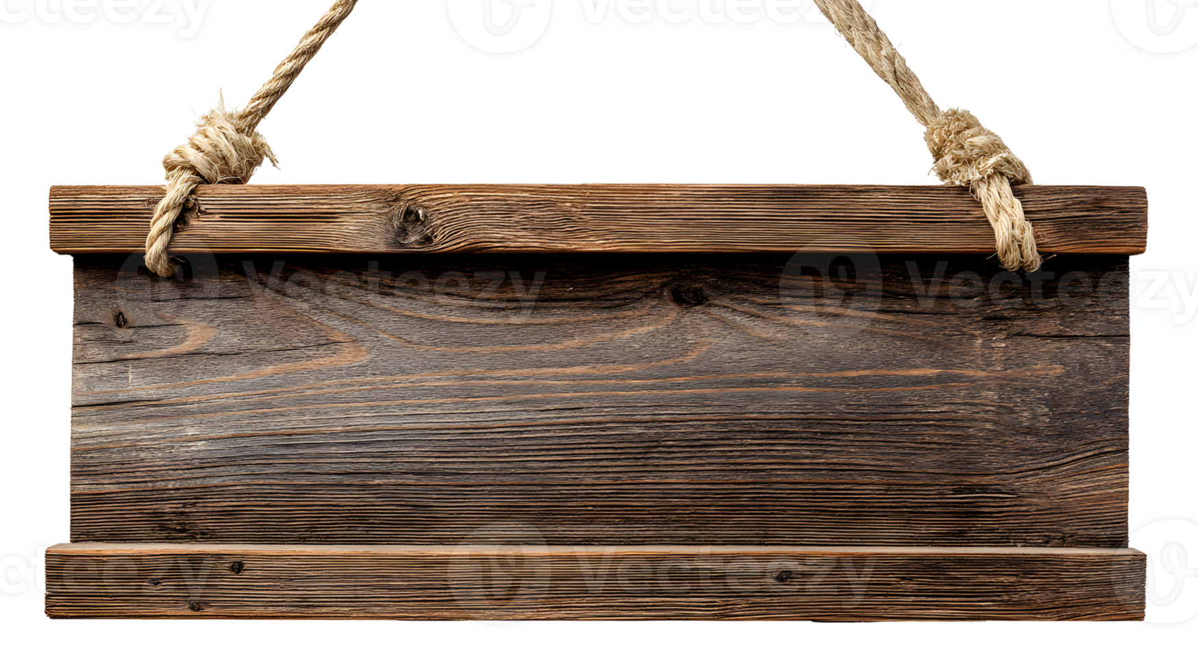 Rustic wood sign suspended by hemp rope, creating an aged presentation surface png