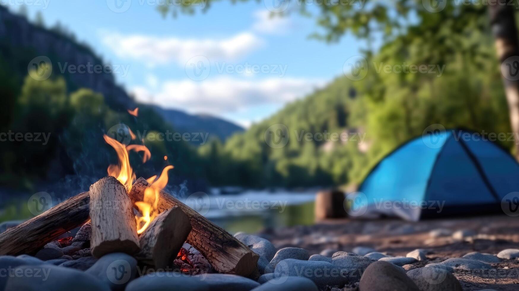 A campsite features a warm fire burning brightly among stones, with a blue tent set against a beautiful river and serene mountains during early evening light photo