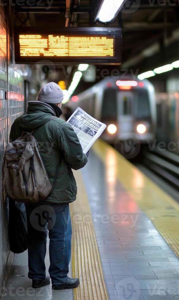 A man reading a newspaper at a subway station photo