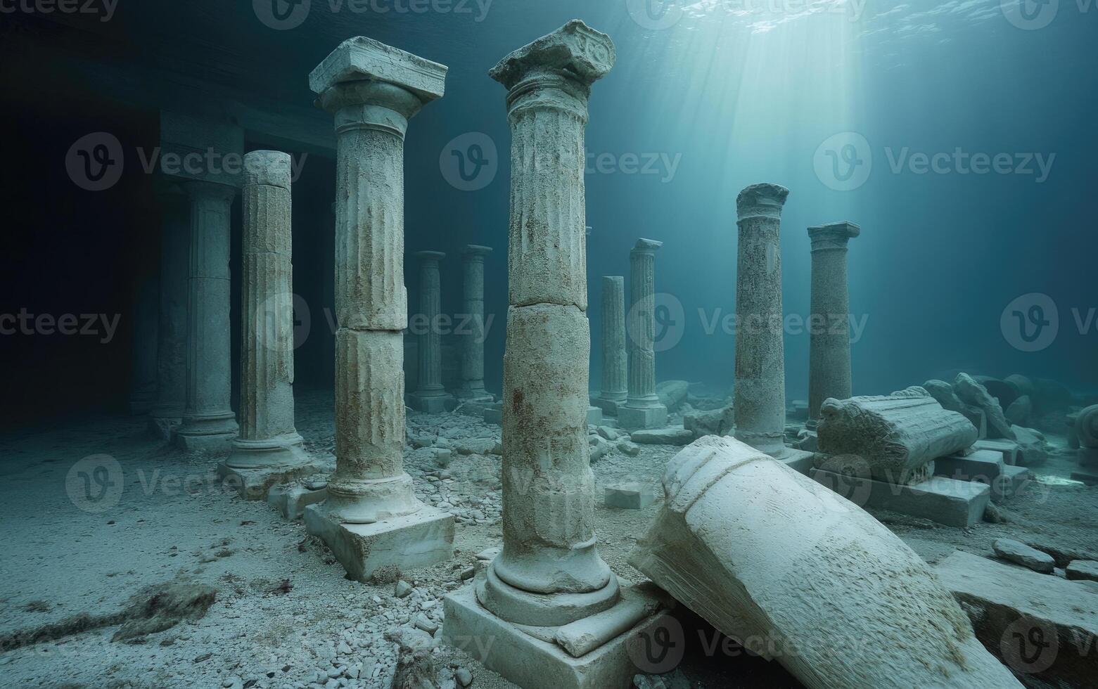 Submerged historical ruins showcase ancient columns and scattered stones under clear blue water, highlighting remnants of a lost civilization. Soft light filters through the surface photo
