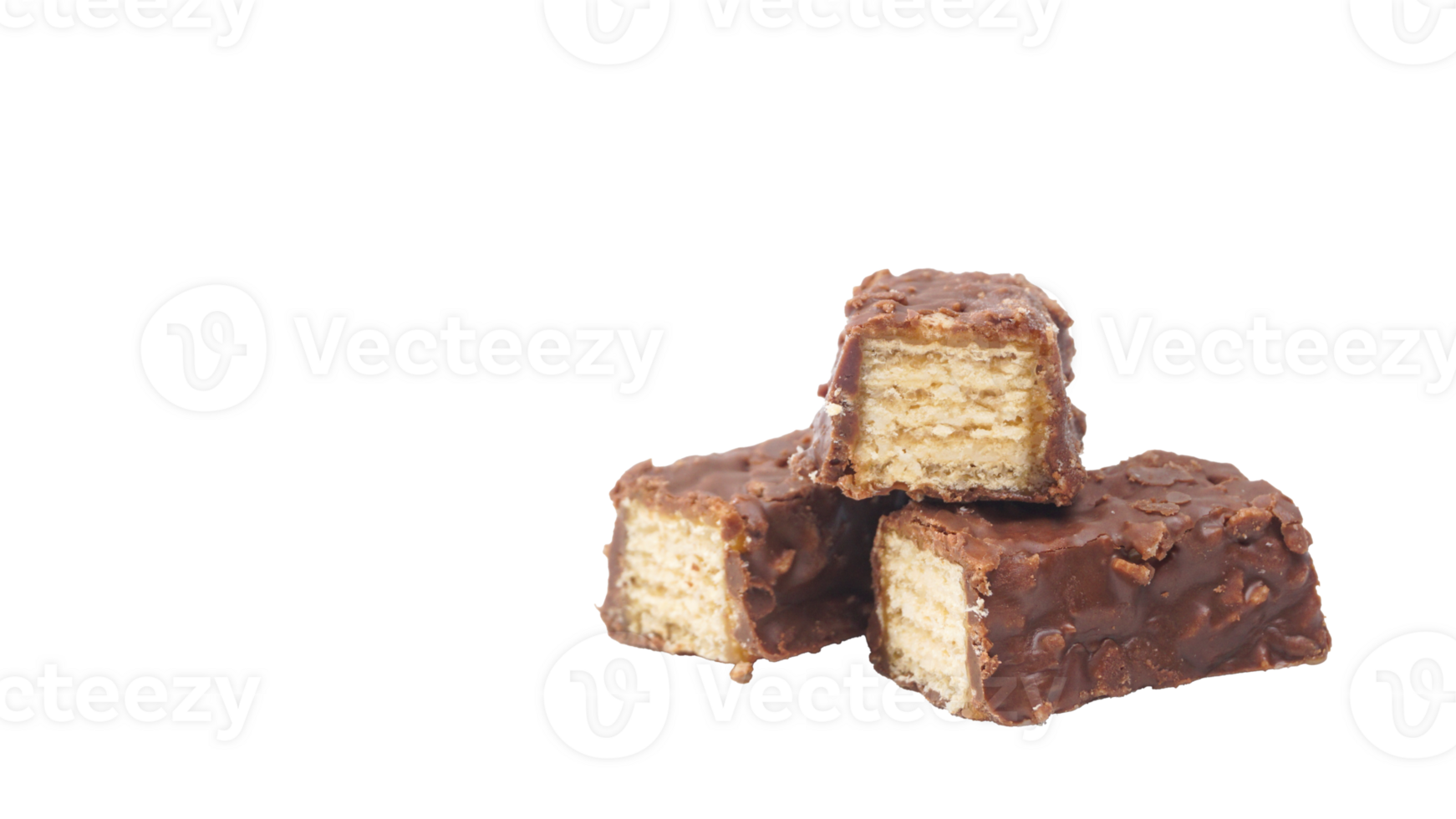 Golden caramel wafer bars with crispy layers and chocolate topping isolated on transparent background png