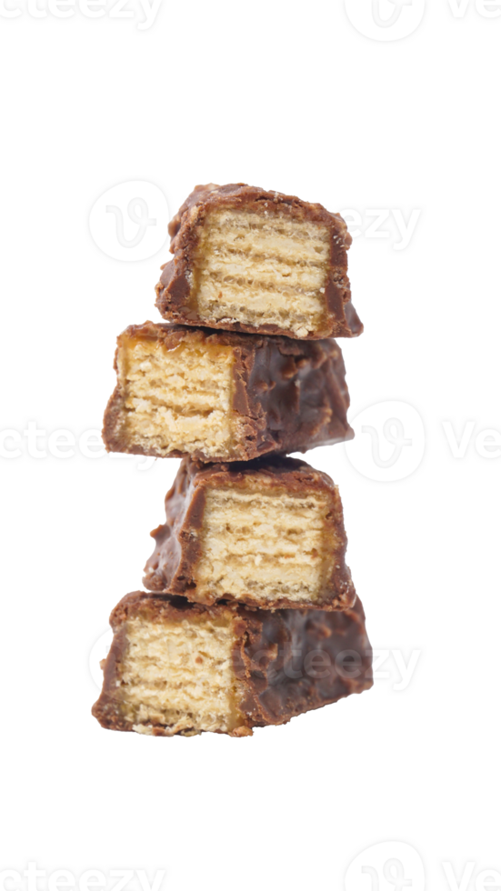 Stack of golden crispy wafer bars dipped in chocolate with caramel and rice crisps isolated on transparent background png