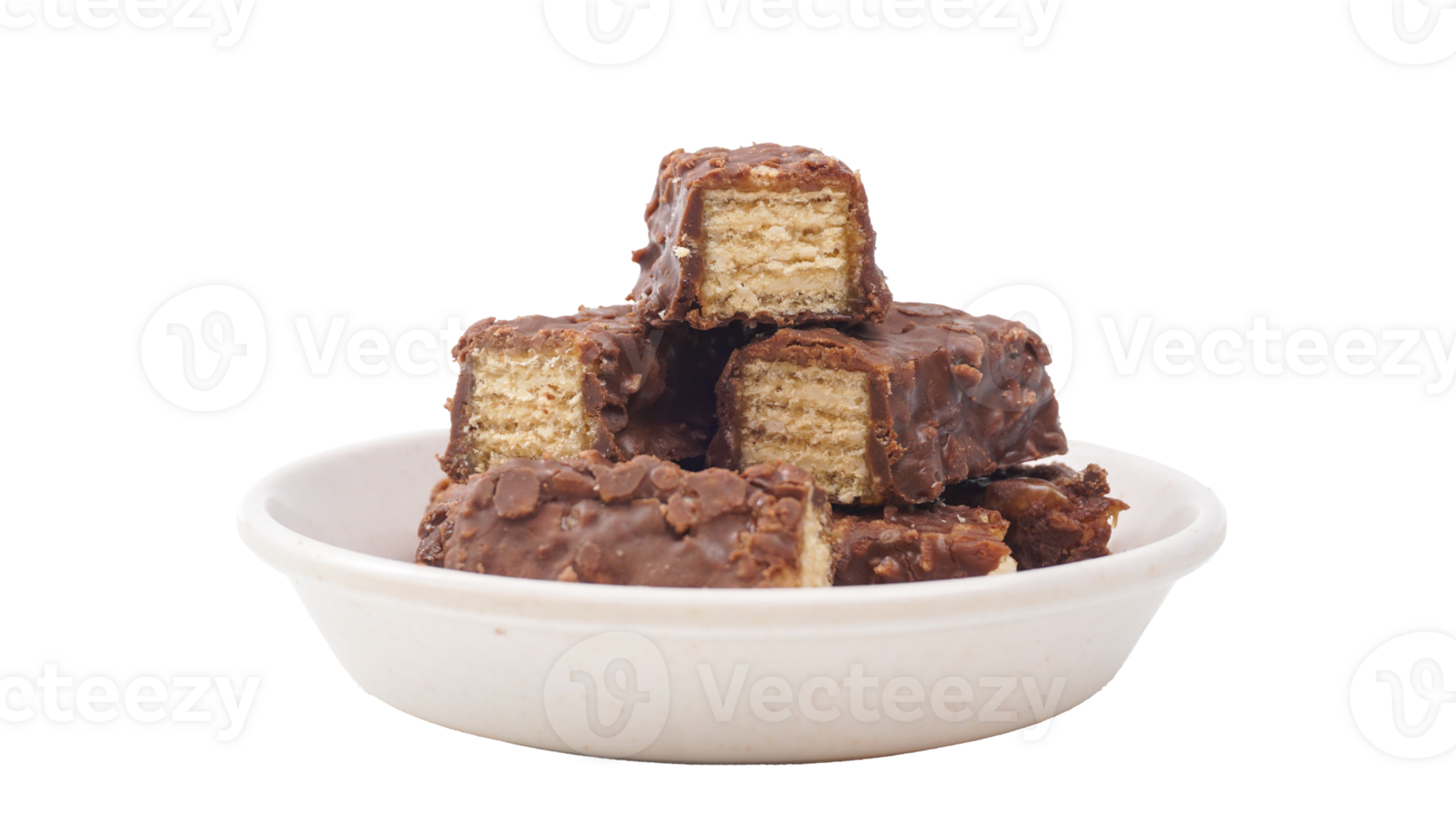 Chocolate coated wafer bars stacked with caramel filling and crisp layers isolated on transparent background png