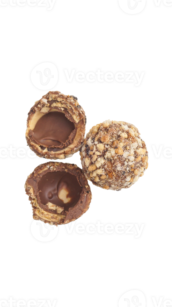 Hazelnut chocolate balls with a crispy nut coating and creamy chocolate inside isolated on transparent background png