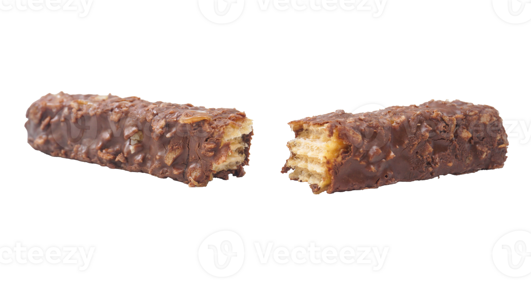 Sweet and crunchy wafer bars with chocolate caramel and puffed rice isolated on transparent background png