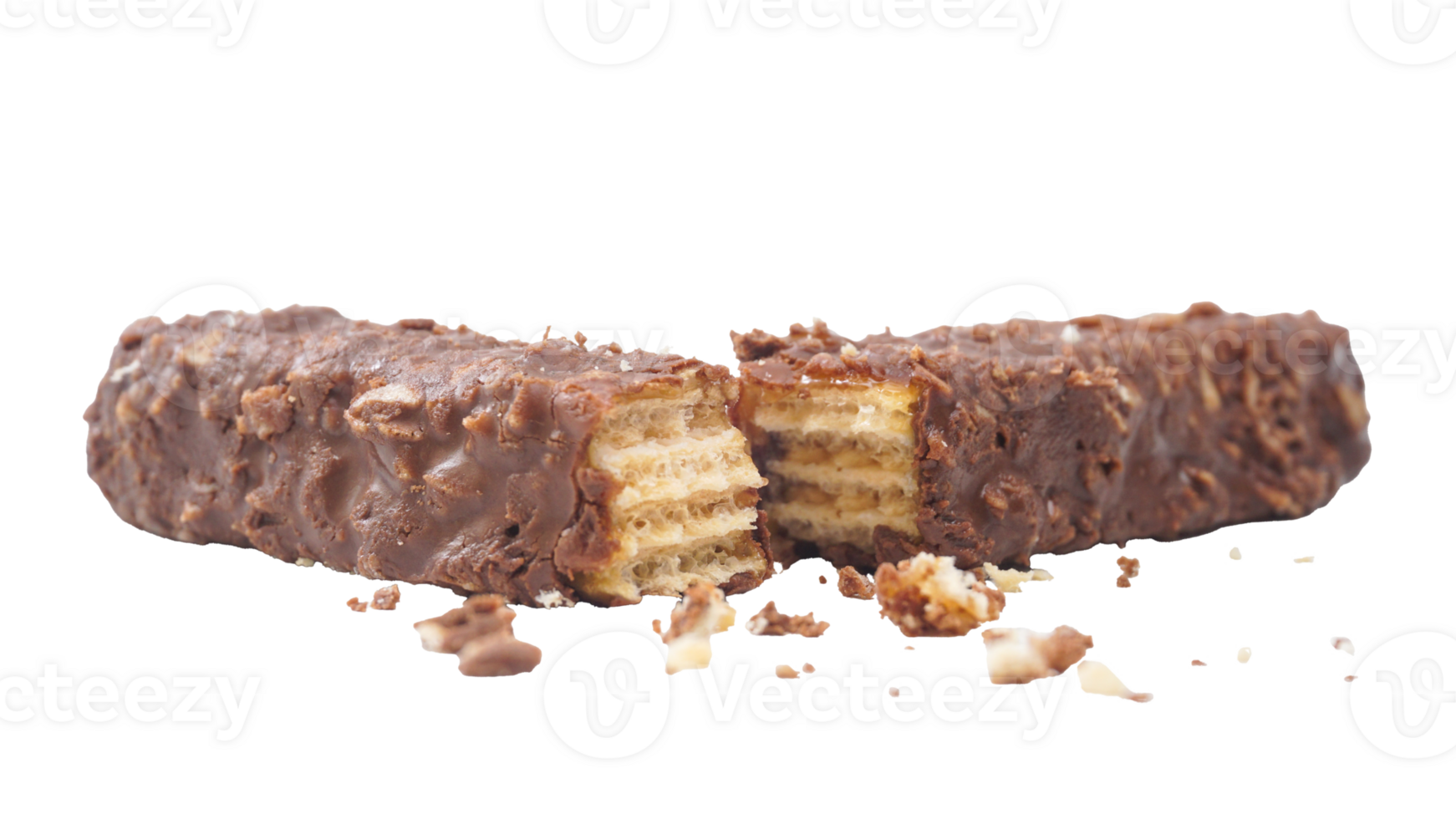 Crispy and sweet chocolate wafer bars with caramel and rice crisps isolated on transparent background png