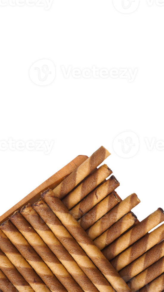 Crunchy wafer rolls with a chocolate swirl isolated on transparent background png