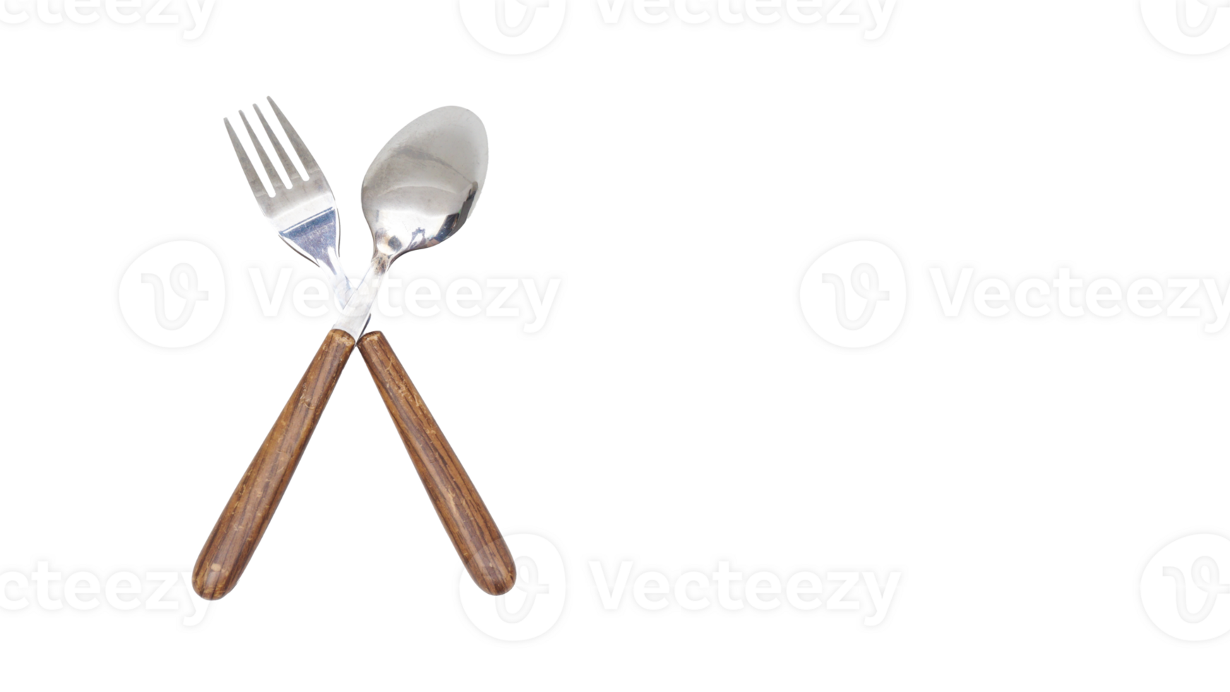 Modern stainless steel spoon and fork with wooden handle isolated on transparent background png